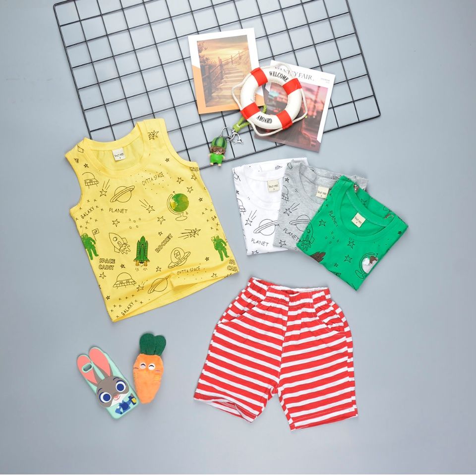 Quần áo trẻ em TrueKids, đồ bộ Bé Trai sát nách in hình vũ trụ size đại cho bé 10 - 40kg