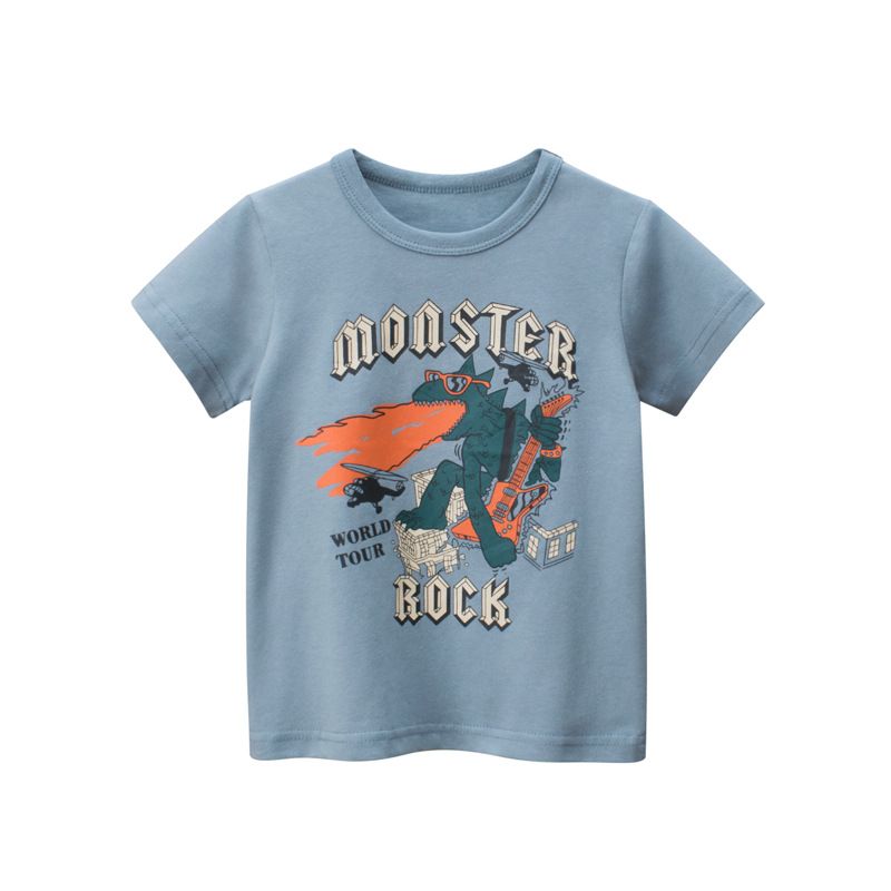 Áo thun trẻ em 27KIDS, Áo thun ngắn tay bé trai in hình khủng long rock