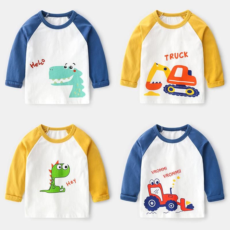 Áo thun trẻ em TrueKids, áo thun dài tay bé trai in hình khủng long, xe công nông