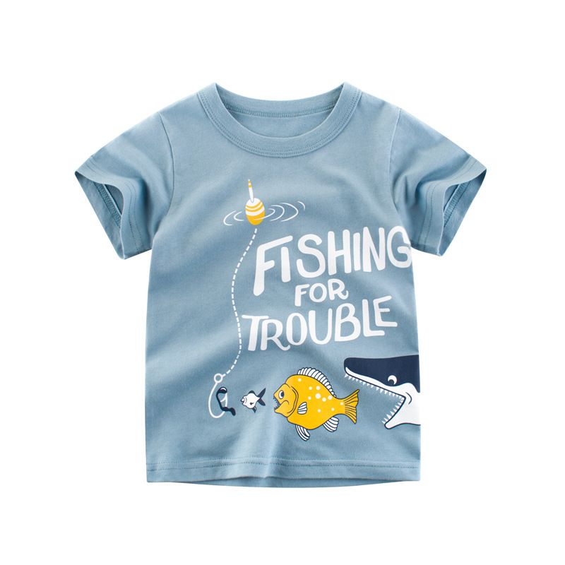 Áo thun bé trai TrueKids, áo thun cộc tay in câu cá màu xanh Hàng Xuất Đẹp