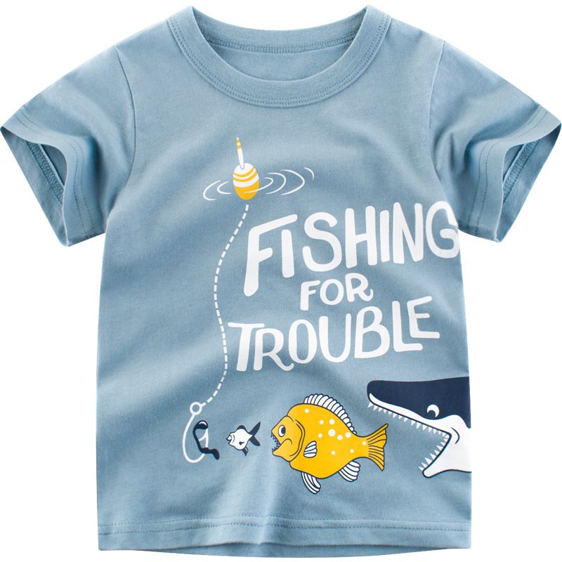 Áo thun bé trai TrueKids, áo thun cộc tay in câu cá màu xanh Hàng Xuất Đẹp