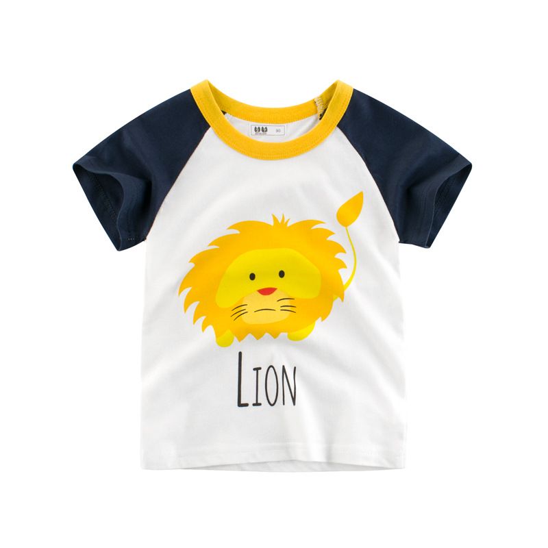 Áo thun trẻ em 27kids, áo thun ngắn tay bé trai phối tay in hình sư tử, chim cánh cụt