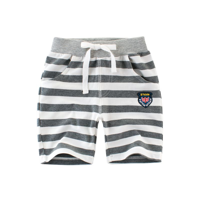 Quần thun bé trai 27KIDS, quần short cho bé họa tiết thêu chữ phối màu sọc ngang