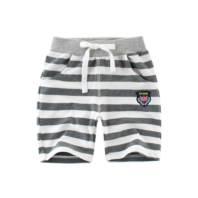 Quần thun bé trai 27KIDS, quần short cho bé họa tiết thêu chữ phối màu sọc ngang