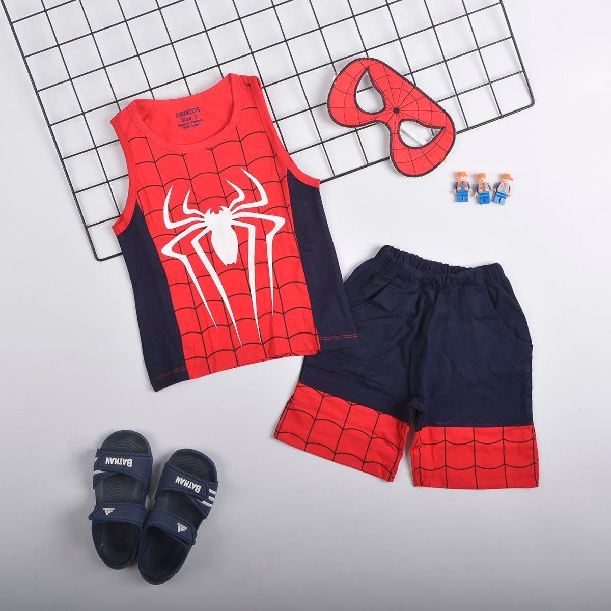 Đồ bộ bé trai TrueKids, đồ bộ sát nách in nhện phối màu kèm mặt nạ