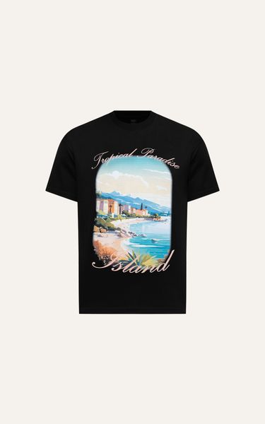  AG695 FACTORY OVERSIZE NEW PRINTED "TROPICAL PARADISE" T-SHIRT - BLACK