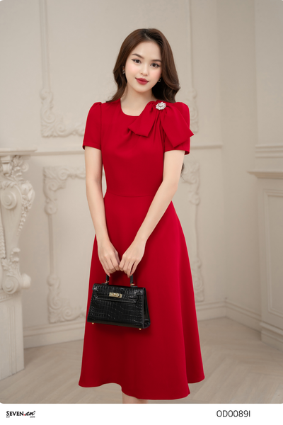 [Seven.AM Young] Đầm xòe tay cộc đỏ đính nơ thời trang nữ OD0089I