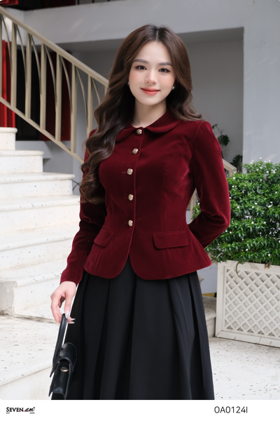 [Seven.AM Young] Áo đỏ nhung dáng peplum cổ sen thời trang nữ OA0124I