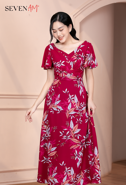 Đầm chiffon nền đỏ họa tiết lá Y58751B