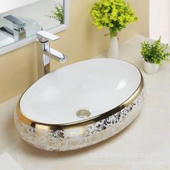 CHẬU LAVABO OVAl TRẮNG HOA VĂN VÀNG  BLWM - LB57