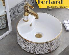 CHẬU LAVABO TRÒN ĐẶT BÀN TRẮNG HỌA TIẾT HOA VÀNG