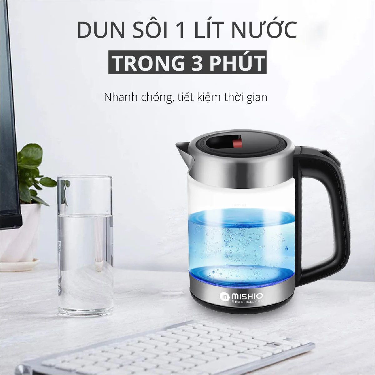  Bình đun thủy tinh Mishio MK341 mâm nhiệt inox 304 không gỉ sét 