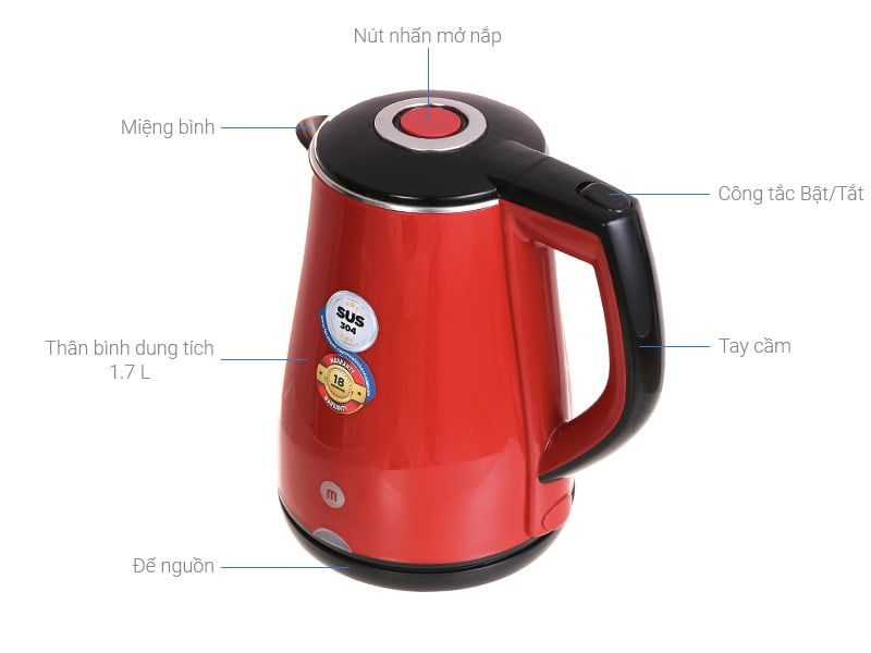 Ấm Đun Siêu Tốc Inox 304 2 lớp cách nhiệt Mishio MK259 1500W