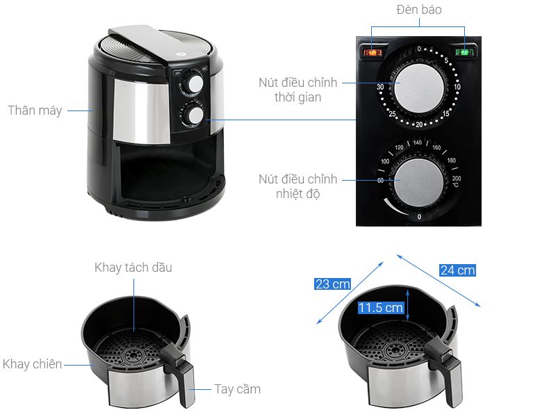Nồi Chiên Không Dầu 5L Mishio MK220 - vỏ inox