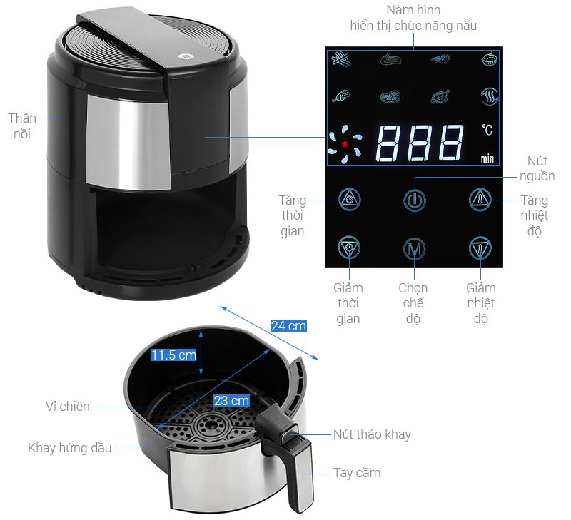 Nồi Chiên Không Dầu điện tử 5L Mishio MK221 - vỏ inox