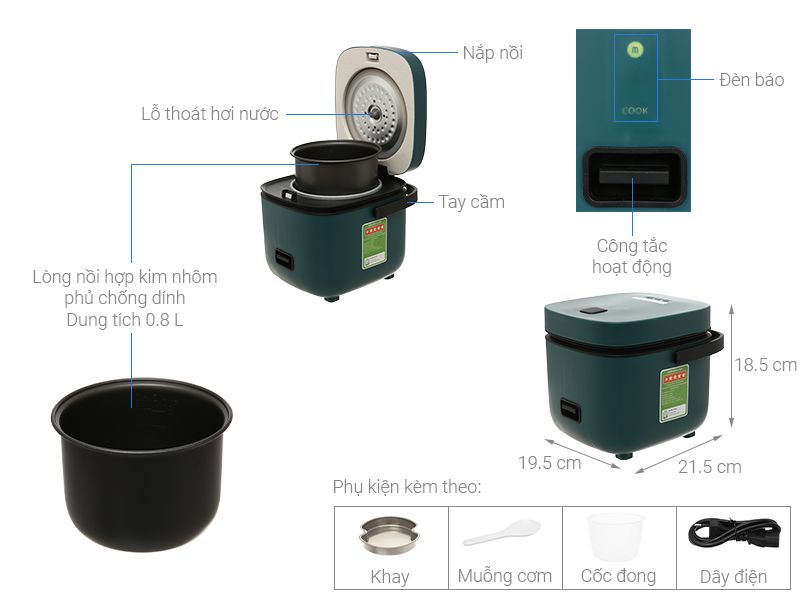 Nồi Cơm Điện Mini 0.8L Mishio MK265 - 4 màu lựa chọn