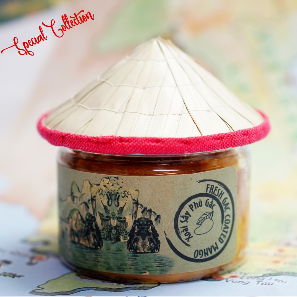 Lon nón lá - Xoài sấy phủ gấc 100g (140g)