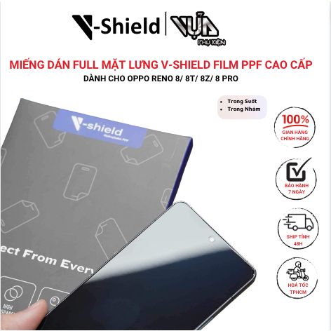 Miếng Dán Full Mặt Lưng V-Shield Film PPF Cao Cấp Dành Cho OPPO Reno 8/ 8T/ 8Z/ 8 Pro 