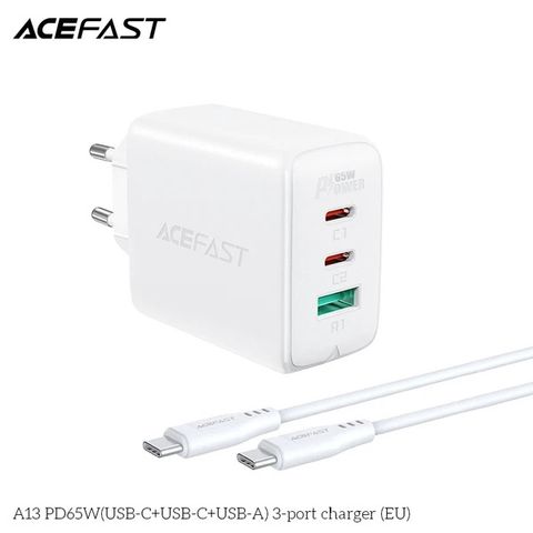  Củ Sạc ACEFAST PD3.0 65W 3 cổng USB-C+USB-C+USB-A (EU) -A13 Tương thích và có thể sạc cùng lúc nhiều thiết bị 