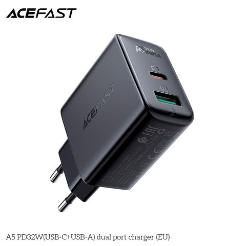  Củ Sạc ACEFAST PD3.0 32W 2 cổng USB-C+USB-A (EU) - A5 Chất liệu PC chống cháy, chắc chắn và bền, nhiều mạch 