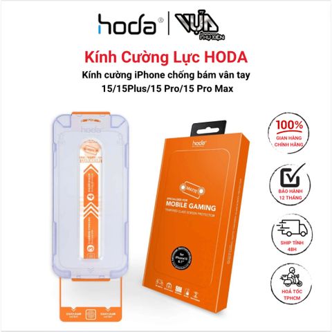  KÍNH CƯỜNG LỰC HODA KÈM KHUNG TRỢ DÁN CHỐNG BÁM VÂN TAY CÓ VIỀN ĐEN CHO IPHONE 15 SERIES 