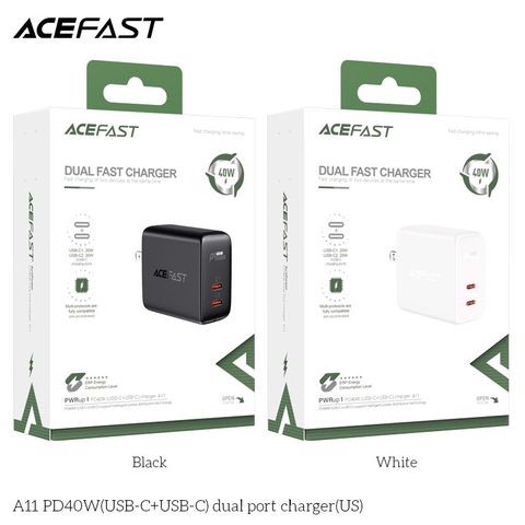 Củ Sạc ACEFAST PD3.0 40W 2 cổng USB-C (US) - A11 Đầu ra thông minh, hỗ trợ cho PD20W An toàn hơn, chống cháy 