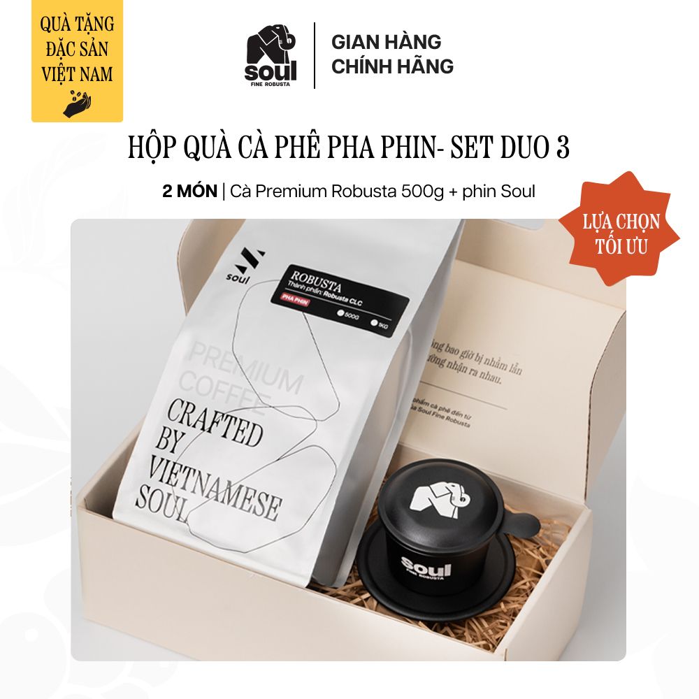 COMBO PHA PHIN 2 MÓN: HỘP QUÀ CÀ PHÊ PREMIUM ROBUSTA VÀ PHIN SOUL | DUO 3