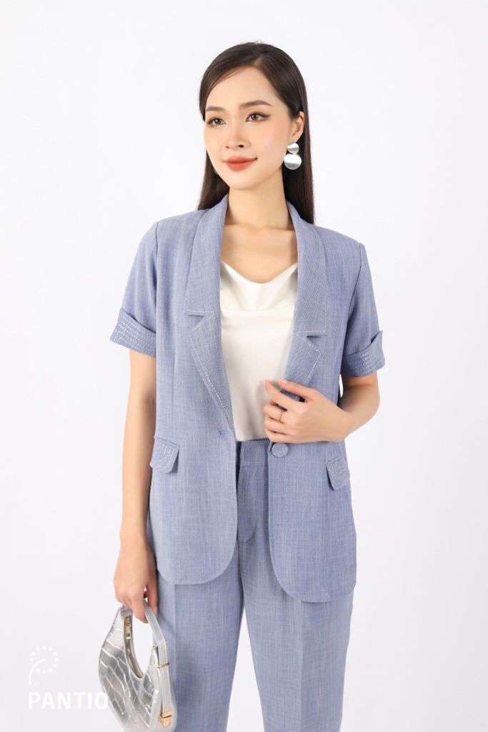 BAD52843 - Áo vest công sở vải thô đũi dáng suông cổ hai ve tay lên gấu diễu chỉ trang trí - PANTIO