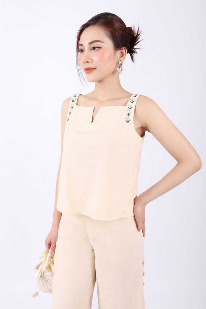 BQD32802 - Quần dạo phố vải linen dáng suông ống to xẻ ngang đùi đính khuy bọc thân sau bo chun - PANTIO