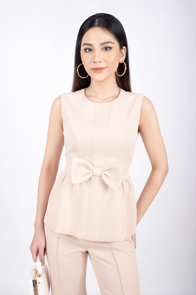 BAK32589 - Áo kiểu công sở vải thô dáng peplum thân ngực máy mí đính nơ 3D trang trí - PANTIO