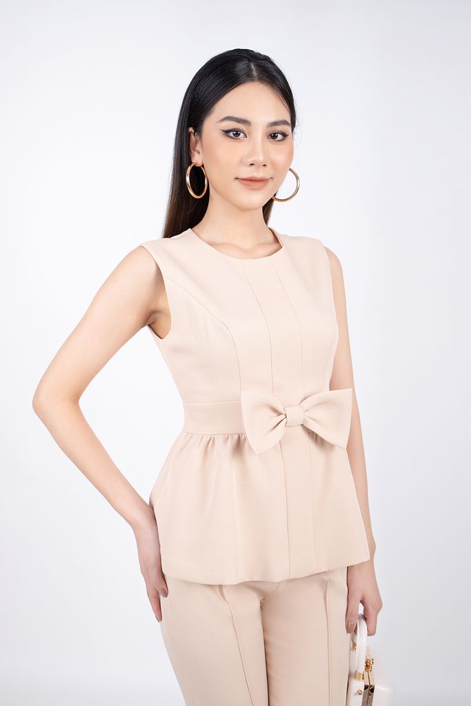 BAK32589 - Áo kiểu công sở vải thô dáng peplum thân ngực máy mí đính nơ 3D trang trí - PANTIO