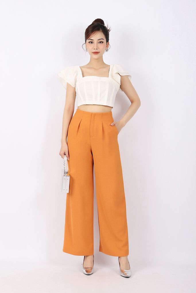 BAK32791 - Áo kiểu dạo phố vải linen dáng croptop cổ vuông tay cánh tiên thân sau phối chun khóa cạnh sườn - PANTIO