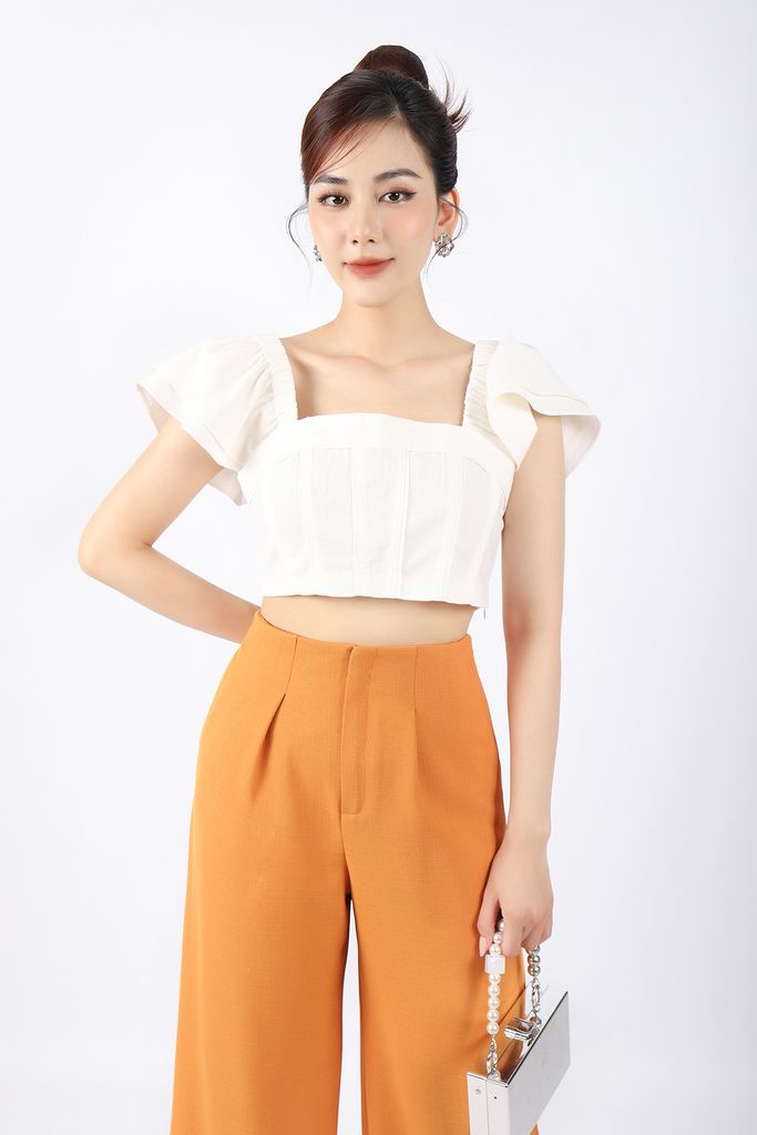 BAK32791 - Áo kiểu dạo phố vải linen dáng croptop cổ vuông tay cánh tiên thân sau phối chun khóa cạnh sườn - PANTIO