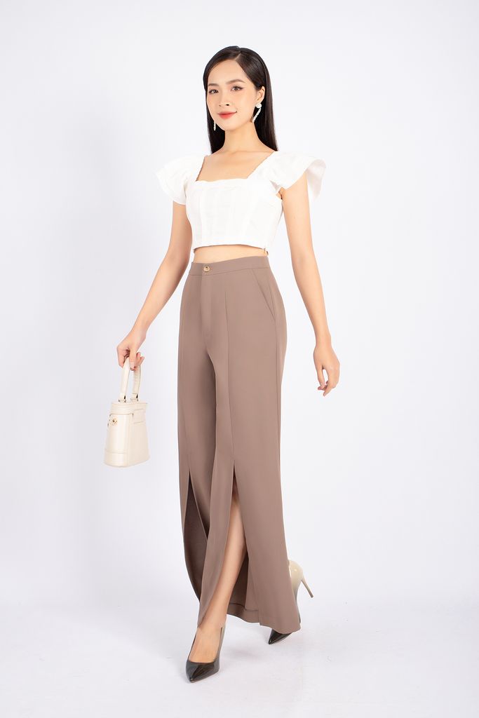 BAK32791 - Áo kiểu dạo phố vải linen dáng croptop cổ vuông tay cánh tiên thân sau phối chun khóa cạnh sườn - PANTIO