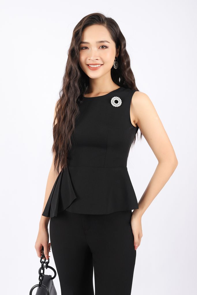 BAK32804 - Áo kiểu công sở vải tuytsi dáng peplum xếp nhún bên hông kèm cài áo khóa thân sau - PANTIO