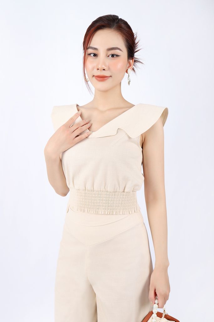 BAK32819 - Áo kiểu dạo phố vải linen dáng croptop cạp bo chun cổ kiểu diễu chỉ cùng màu trang trí - PANTIO