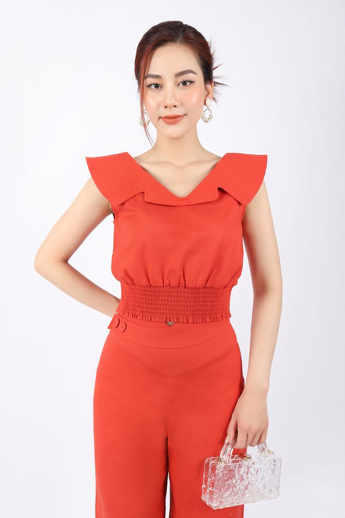 BAK32819 - Áo kiểu dạo phố vải linen dáng croptop cạp bo chun cổ kiểu diễu chỉ cùng màu trang trí - PANTIO