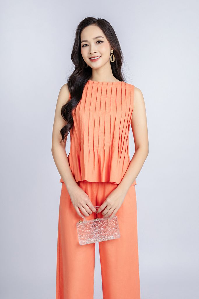 BAK33018 - Áo kiểu dạo phố vải linen dáng suông cổ tròn thân máy mí trang trí khoá thân sau - PANTIO