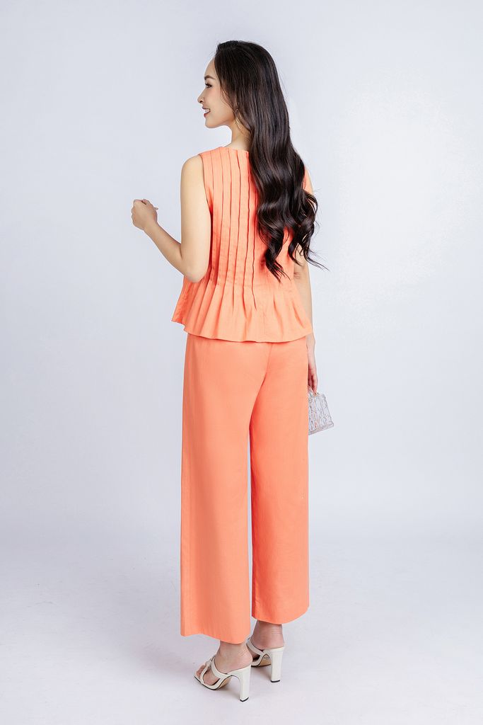 BAK33018 - Áo kiểu dạo phố vải linen dáng suông cổ tròn thân máy mí trang trí khoá thân sau - PANTIO