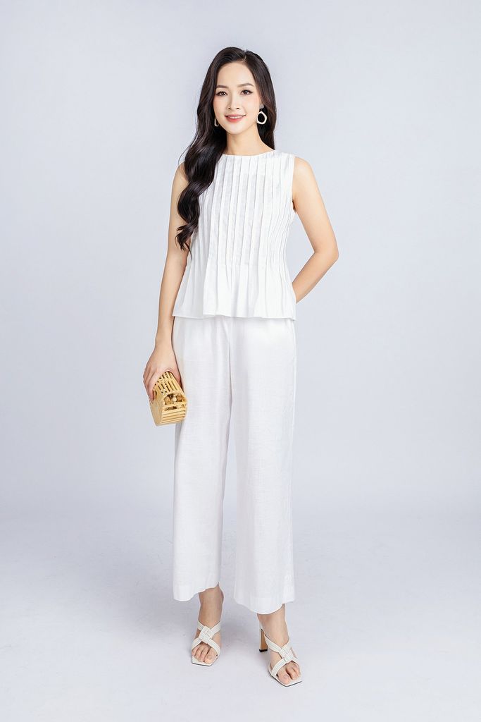 BAK33018 - Áo kiểu dạo phố vải linen dáng suông cổ tròn thân máy mí trang trí khoá thân sau - PANTIO