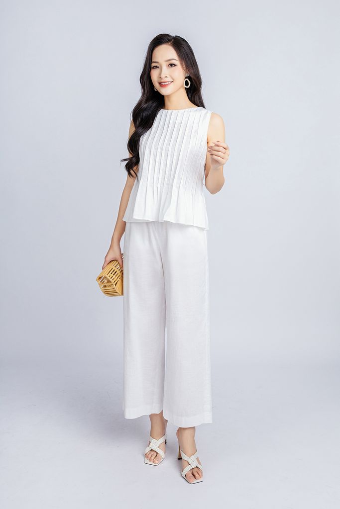BAK33018 - Áo kiểu dạo phố vải linen dáng suông cổ tròn thân máy mí trang trí khoá thân sau - PANTIO
