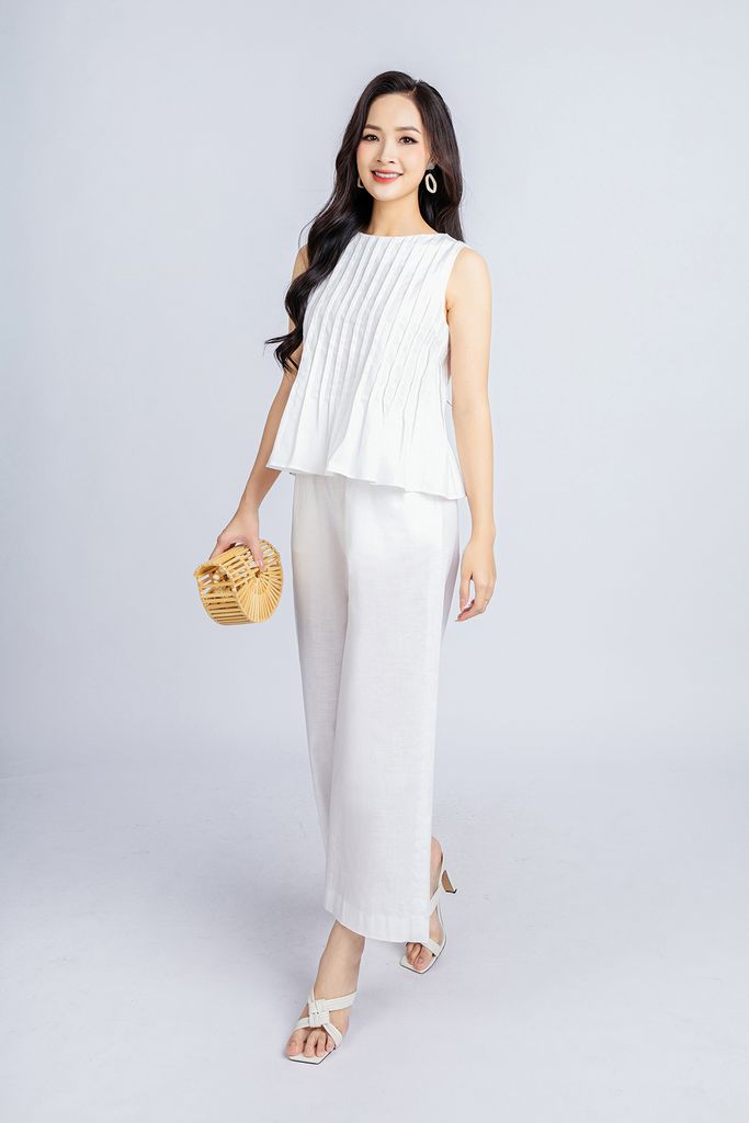 BAK33018 - Áo kiểu dạo phố vải linen dáng suông cổ tròn thân máy mí trang trí khoá thân sau - PANTIO