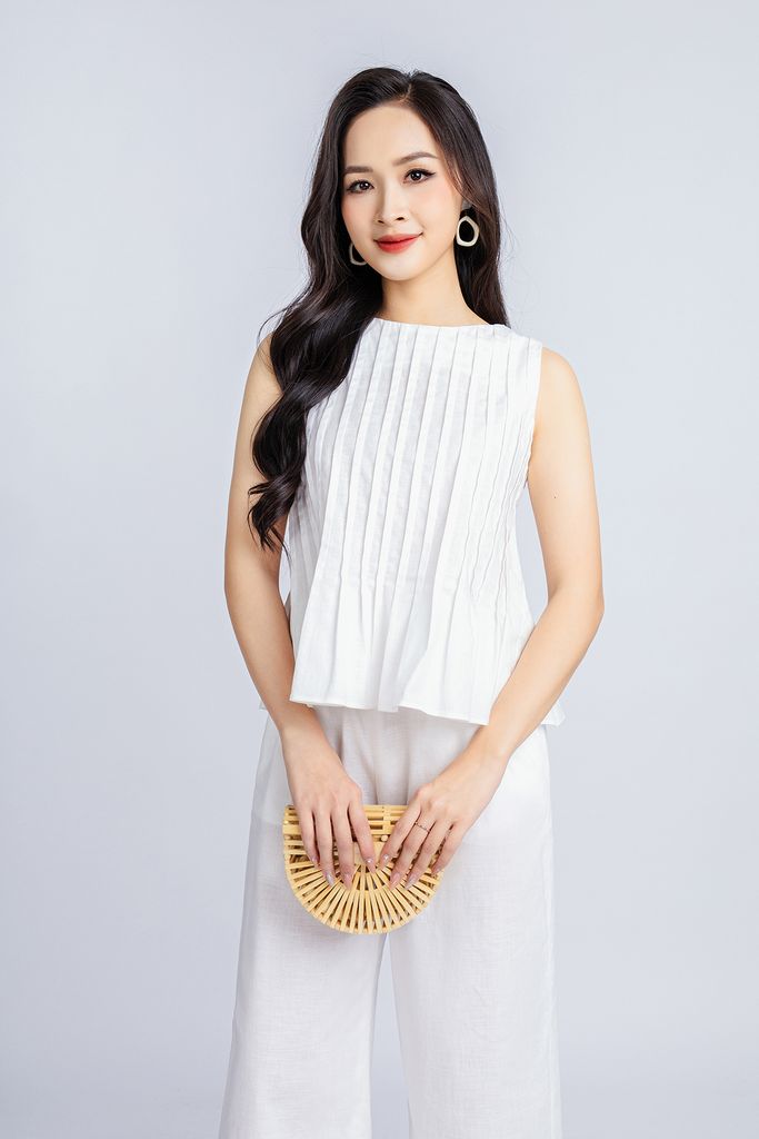 BAK33018 - Áo kiểu dạo phố vải linen dáng suông cổ tròn thân máy mí trang trí khoá thân sau - PANTIO