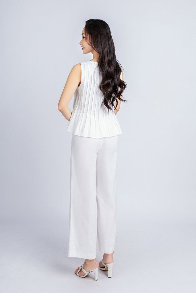 BAK33018 - Áo kiểu dạo phố vải linen dáng suông cổ tròn thân máy mí trang trí khoá thân sau - PANTIO