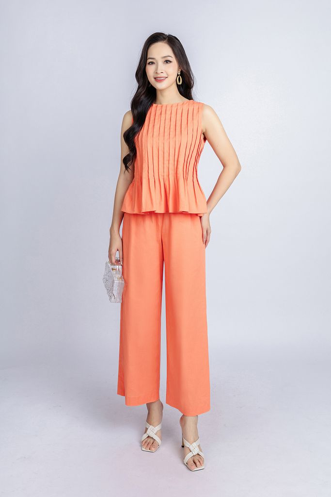 BAK33018 - Áo kiểu dạo phố vải linen dáng suông cổ tròn thân máy mí trang trí khoá thân sau - PANTIO