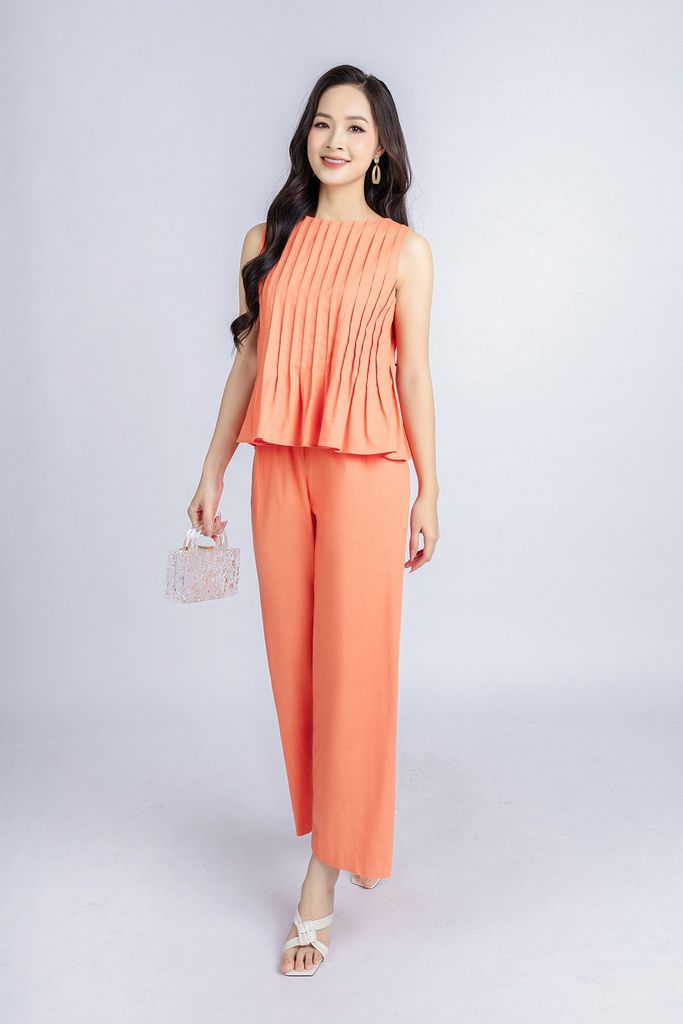 BAK33018 - Áo kiểu dạo phố vải linen dáng suông cổ tròn thân máy mí trang trí khoá thân sau - PANTIO