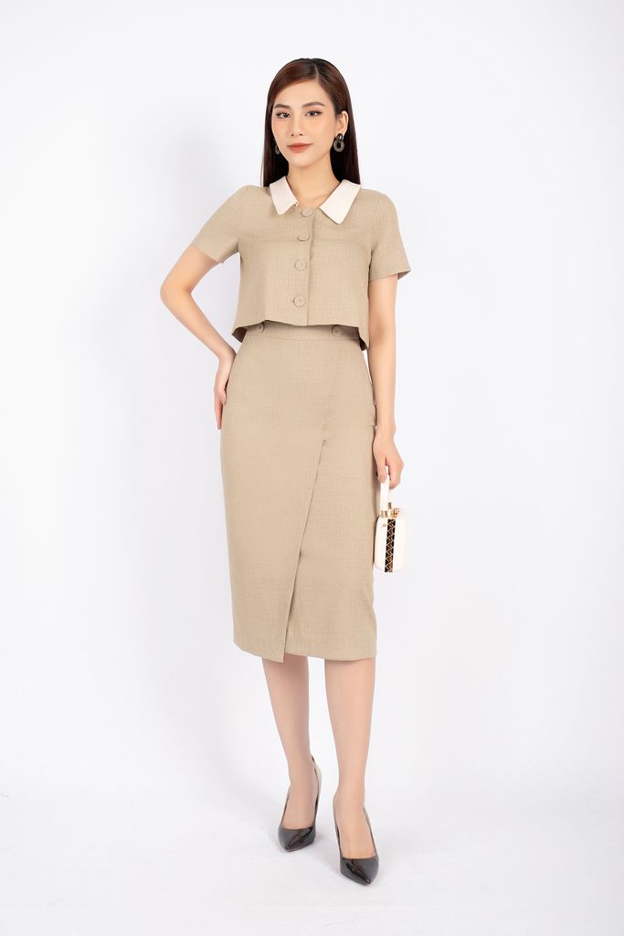 BAK72658 - Áo kiểu công sở vải thô dáng croptop lá cổ phối vải lụa thân cài cúc bọc - PANTIO