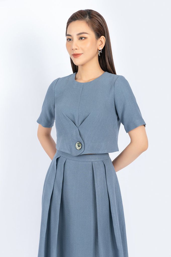 BJD72695 - Chân váy midi công sở vải thô đũi dáng xòe xếp nếp hai bên hông dài qua gối - PANTIO