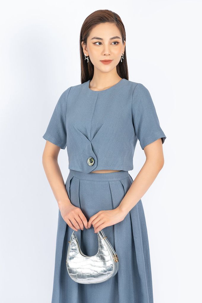 BJD72695 - Chân váy midi công sở vải thô đũi dáng xòe xếp nếp hai bên hông dài qua gối - PANTIO