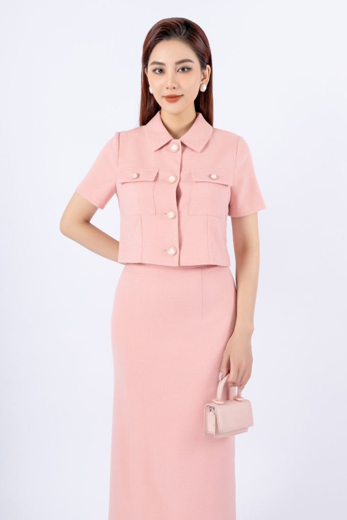 BAK92952 - Áo kiểu công sở vải dạ thô dáng croptop cổ đức cài cúc ngực phối nắp túi tạo kiểu - PANTIO